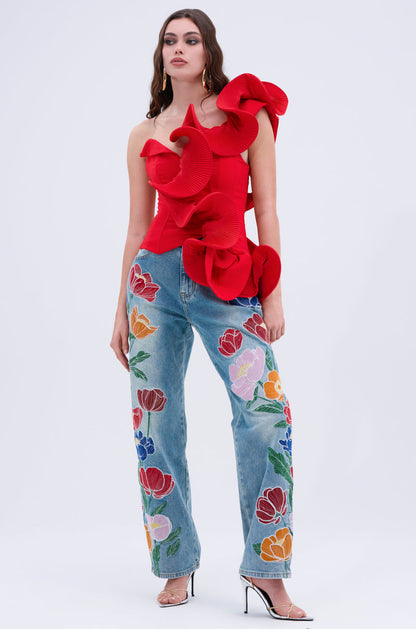 ABSTRACT RUFFLE OFF THE SHOULDER BLOUSE