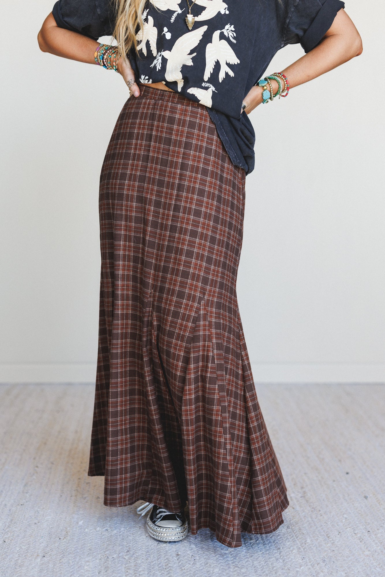 High Plains Plaid Maxi Skirt - Brown - Pre Order
