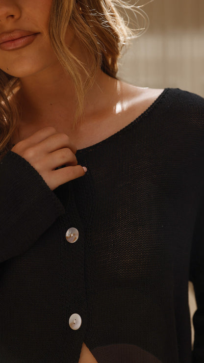 Selara Button Up Cardigan - Black