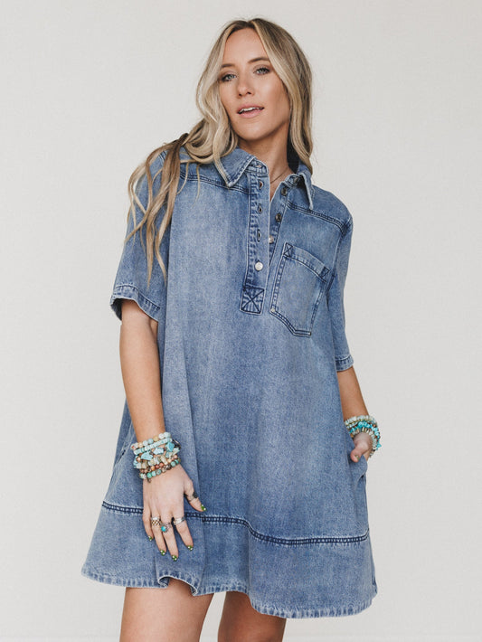 Dressed For the West Denim Dress - Denim - Pre Order