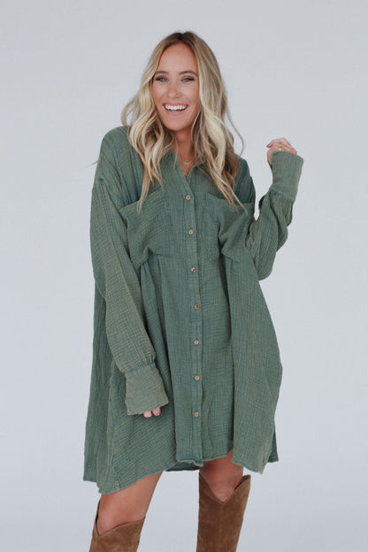 Marci Button Down Tunic Dress - Olive - Pre Order