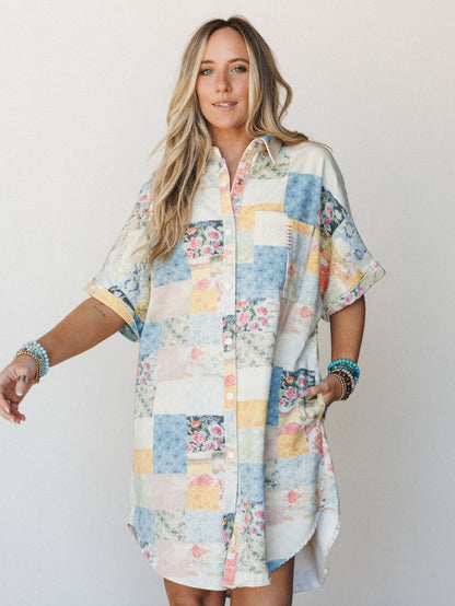 Floral Vines Patchwork Denim Dress - Patchwork Denim
