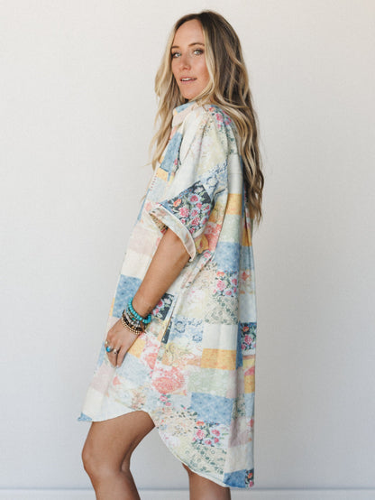 Floral Vines Patchwork Denim Dress - Patchwork Denim