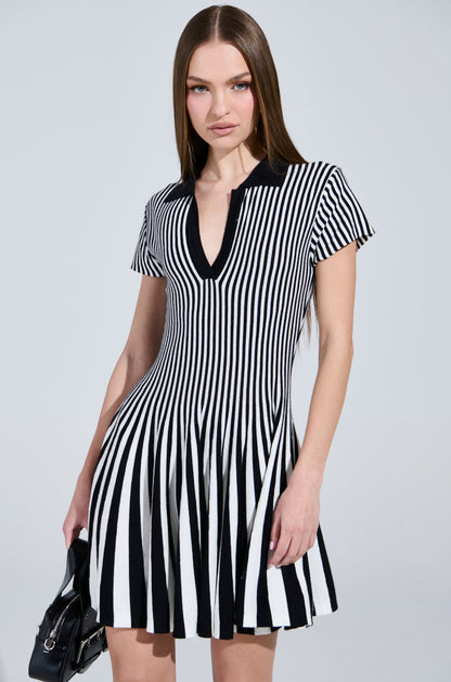 ALINA PLEATED KNIT FIT AND FLARE MINI DRESS IN BLACK AND WHITE