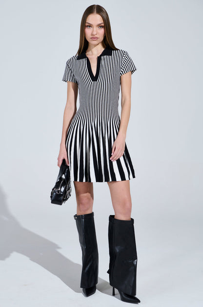 ALINA PLEATED KNIT FIT AND FLARE MINI DRESS IN BLACK AND WHITE