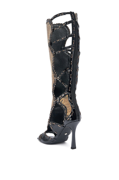 AKIRA GOLD INDRANI BLACK HIGH SHAFT GLADIATOR SANDAL
