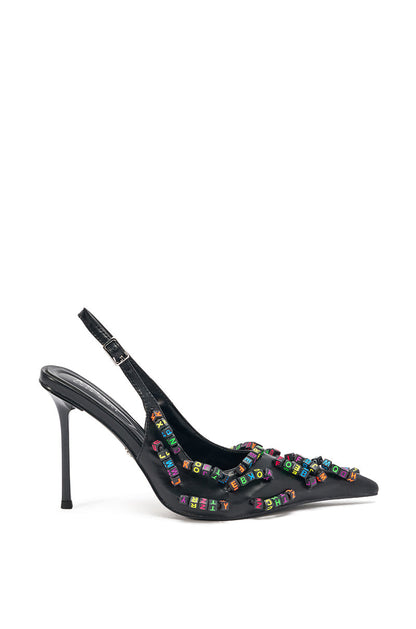 AKIRA LETTER BEAD EMBELLISHED SLING BACK NOVELTY PUMP
