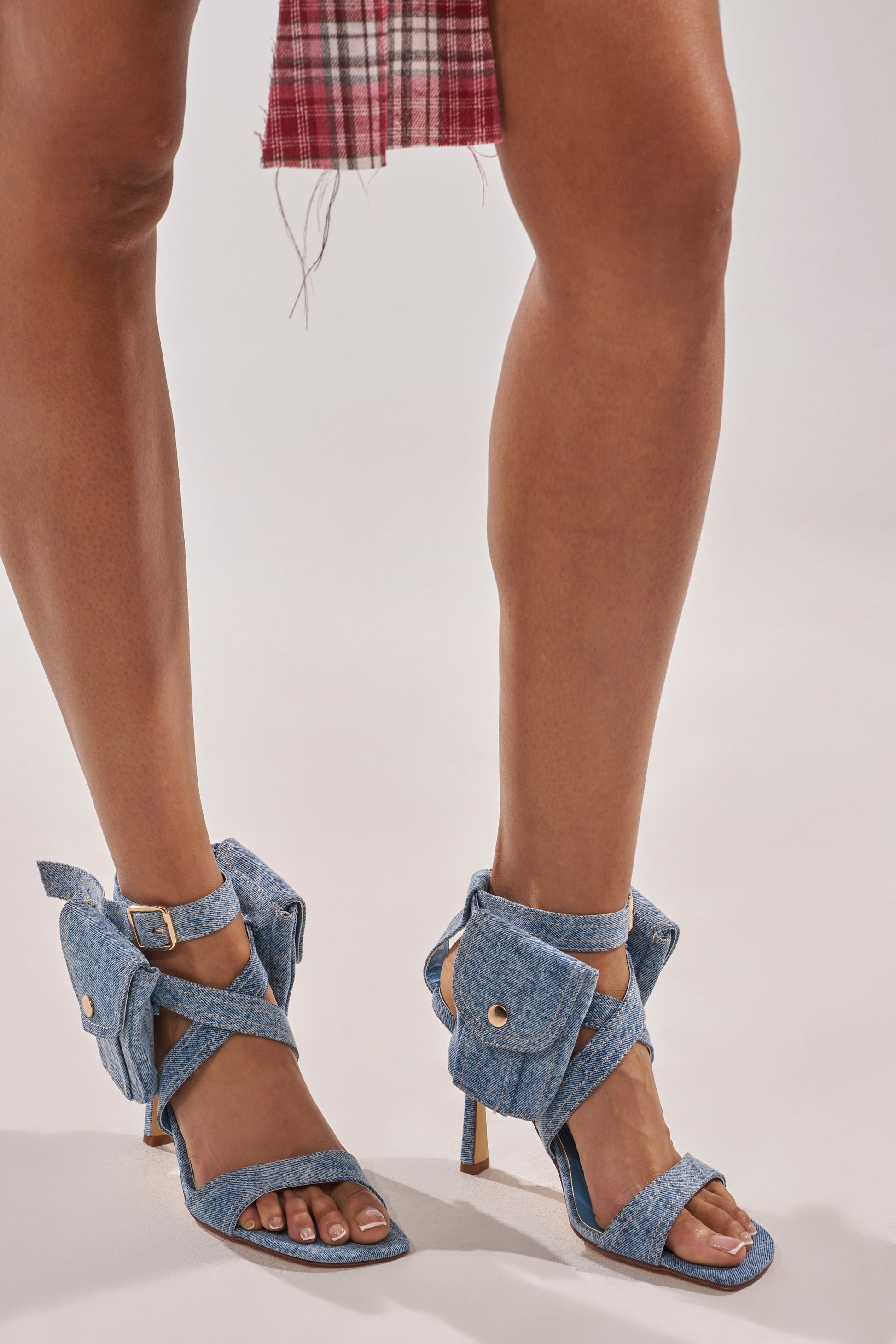 AKIRA GOLD KERSHAW DENIM POCKET STILETTO STRAP SANDAL