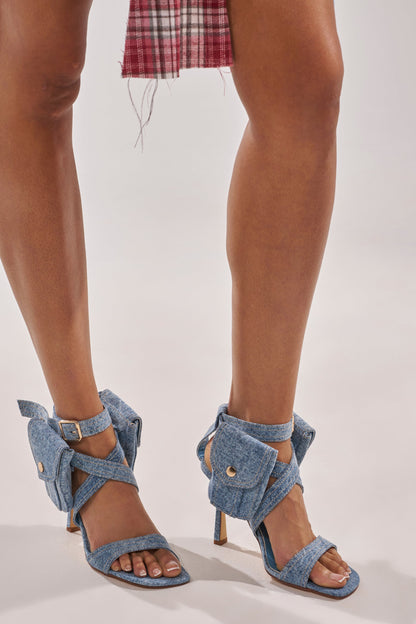 AKIRA GOLD KERSHAW DENIM POCKET STILETTO STRAP SANDAL