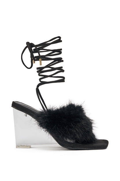 AKIRA GOLD KIRI BLACK FUR THONG SANDAL WITH CLEAR HEEL