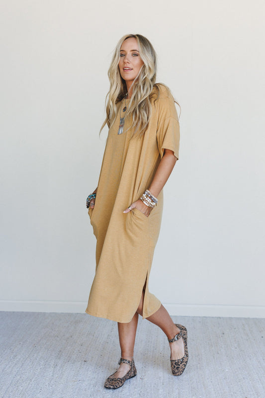 Hushed Glow Slit Midi Dress - Mustard - Pre Order