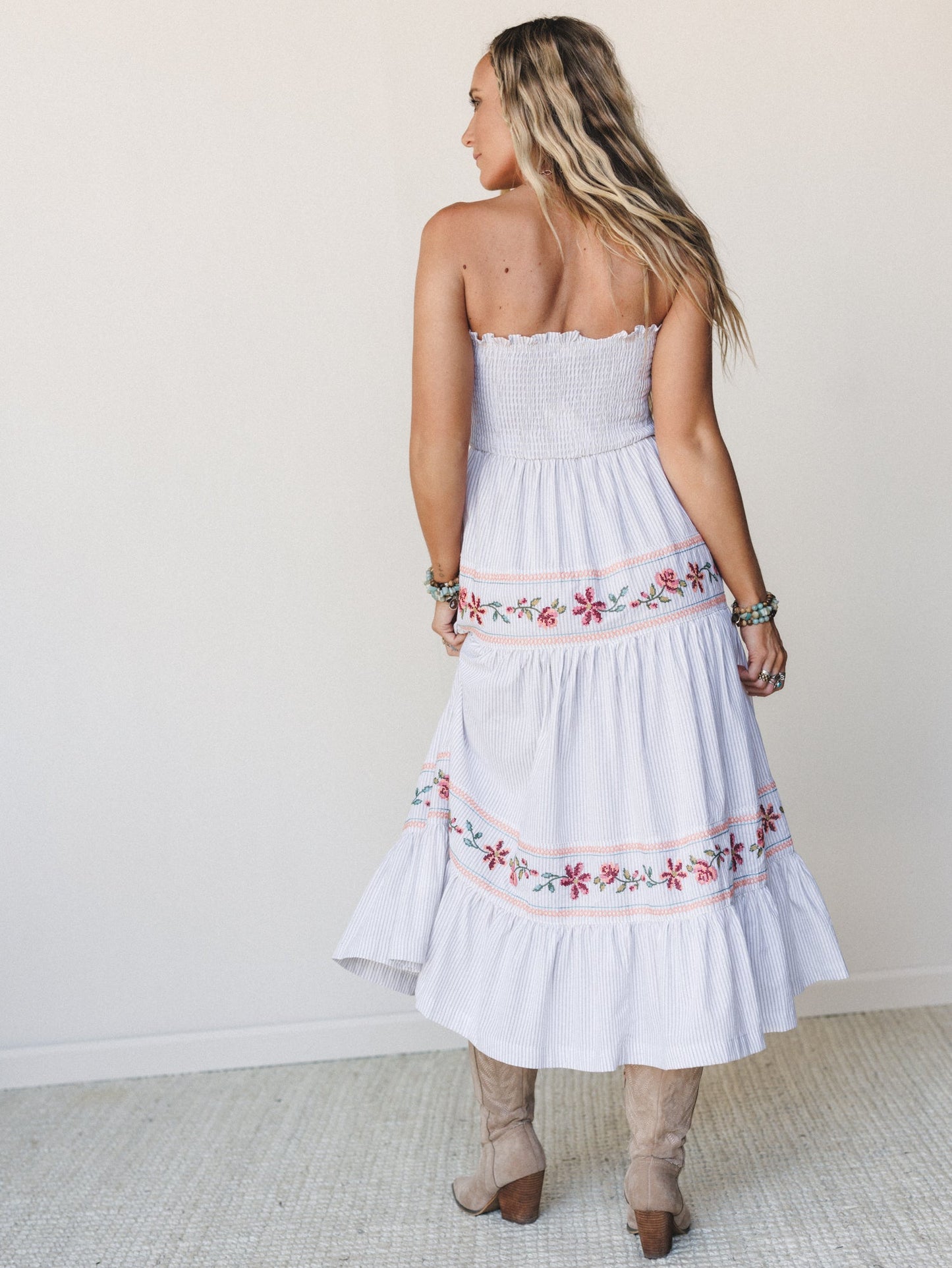 Garden Nomad Embroidered Dress - Off White Taupe