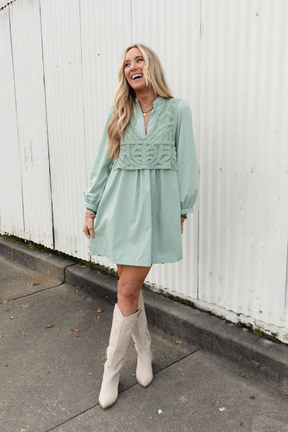 Sweet Edge Crochet Vest Tunic Dress - Sage - Pre Order