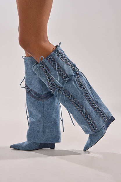 AKIRA GOLD MANTIGNA DENIM WEDGE BOOT