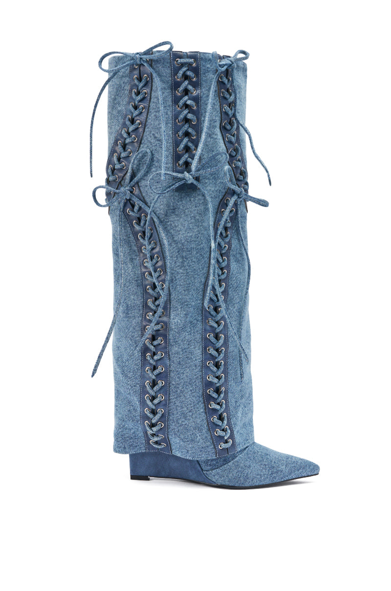 AKIRA GOLD MANTIGNA DENIM WEDGE BOOT
