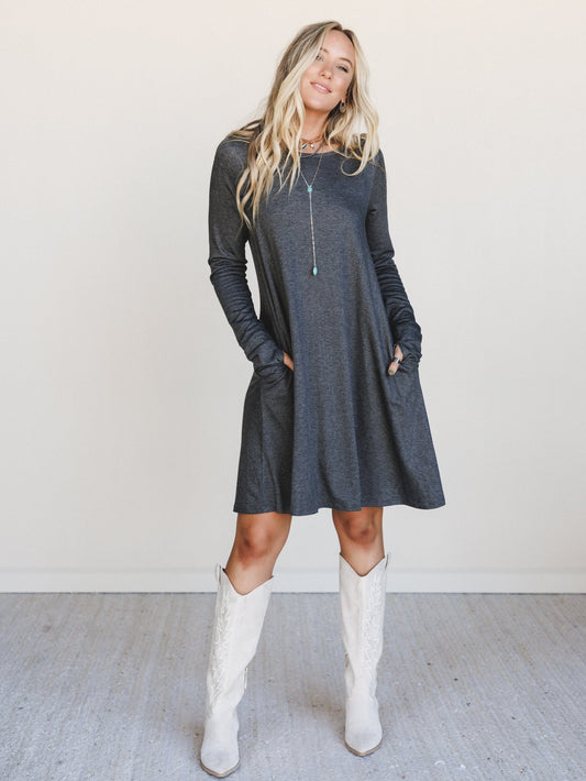 The Nest Jake Long Sleeve Crewneck Dress - Charcoal - Pre Order