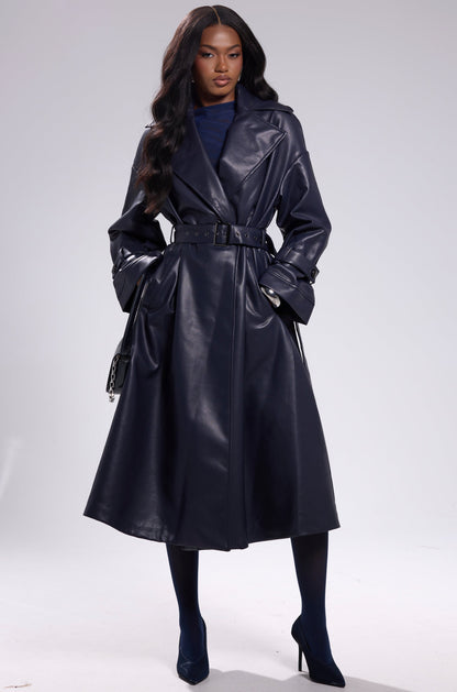 ALINNA FAUX LEATHER TRENCH IN NAVY