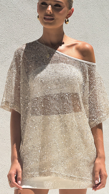 Zinnie Sequins Off Shoulder Top - Beige