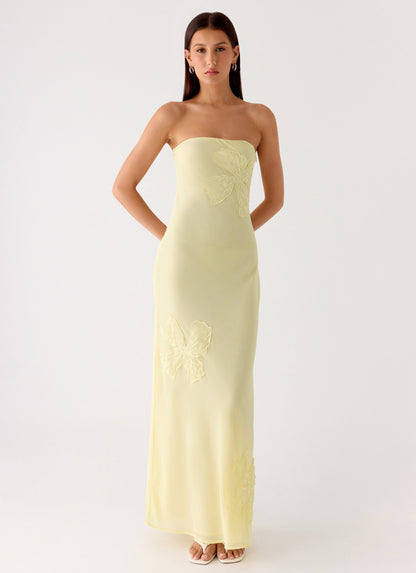 Sassafras Beaded Flower Strapless Maxi Dress - Yellow