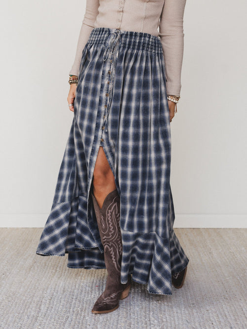 Bonfire Bloom Plaid Skirt - Blue - Pre Order