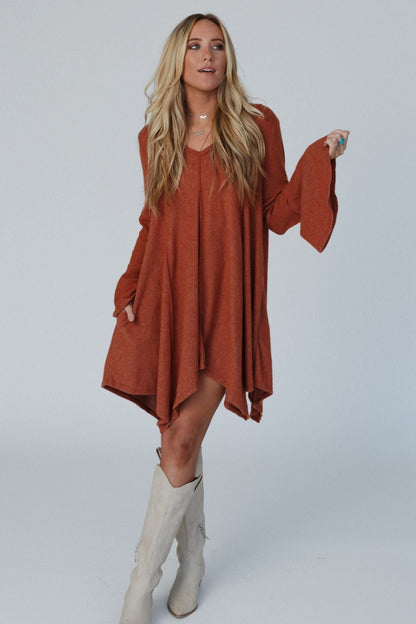 The Nest Golden Hour Long Bell Sleeve Tunic Dress - Rust - Pre Order