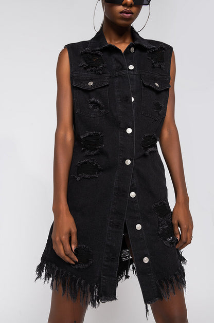 ABBIE DISTRESSED DENIM VEST BLACK