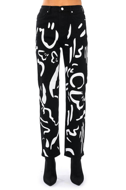 ABSTRACT PAINTED HIGH WAISTED WIDE LEG JEAN