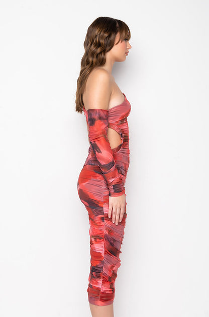 ABSTRACT PRINT MESH MIDI DRESS