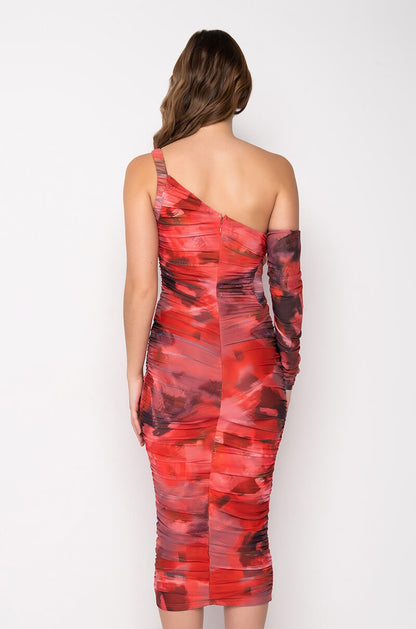 ABSTRACT PRINT MESH MIDI DRESS