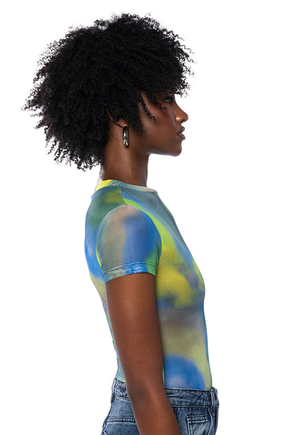 ABSTRACT PRINTED SHORT SLEEVE MESH BODYSUIT