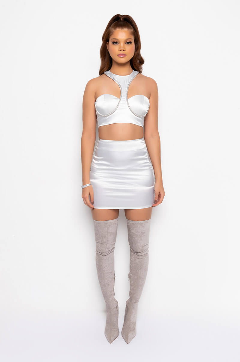 54321 SATIN RHINESTONE HALTER CROP TOP