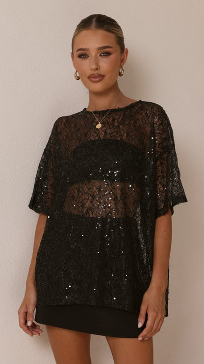 Zebia Sheer Sequin Lace Top - Black