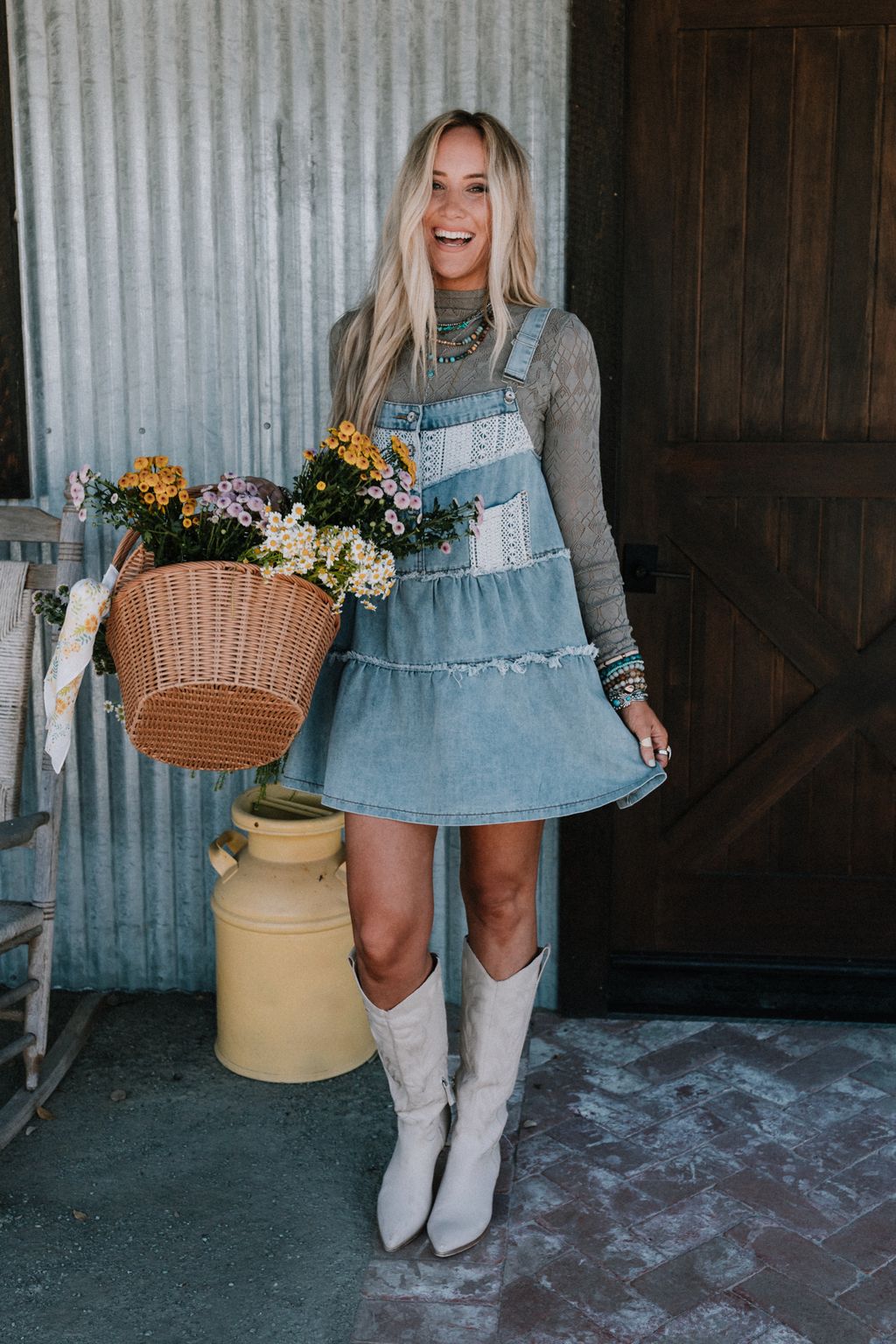 Petal Pockets Crochet Denim Dress - Denim - Pre Order